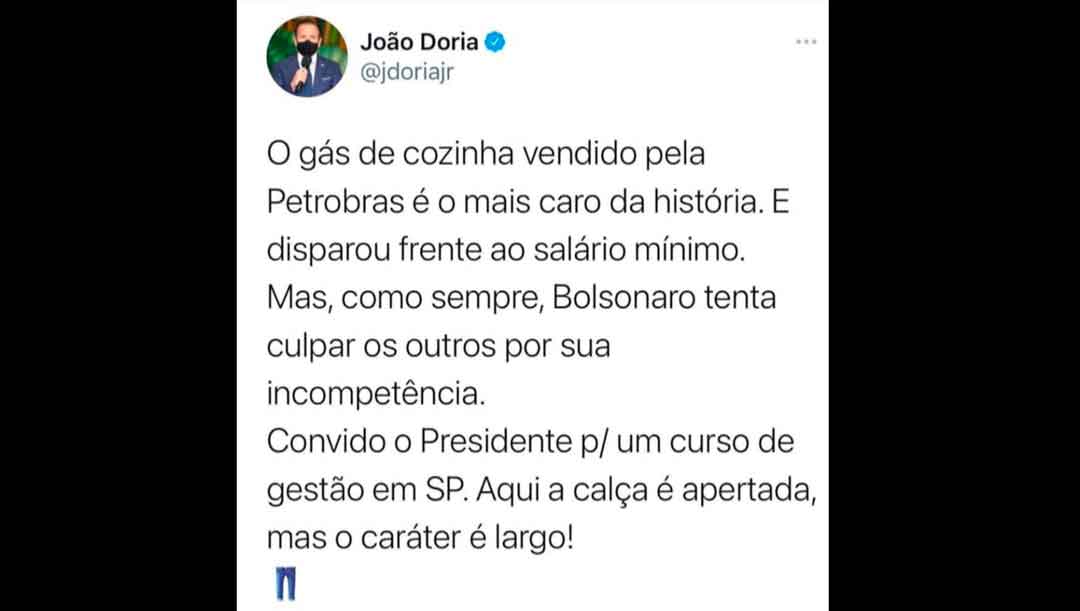 João Dória Cutuca Bolsonaro Novamente Em Post No Twitter