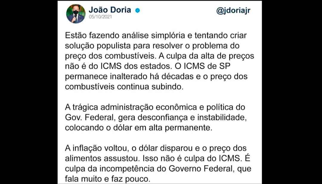 Dória Chama Governo Bolsonaro De Imopetente Ao Defender Que Icms Não É Culpado Pela Alta Dos Combustiveis