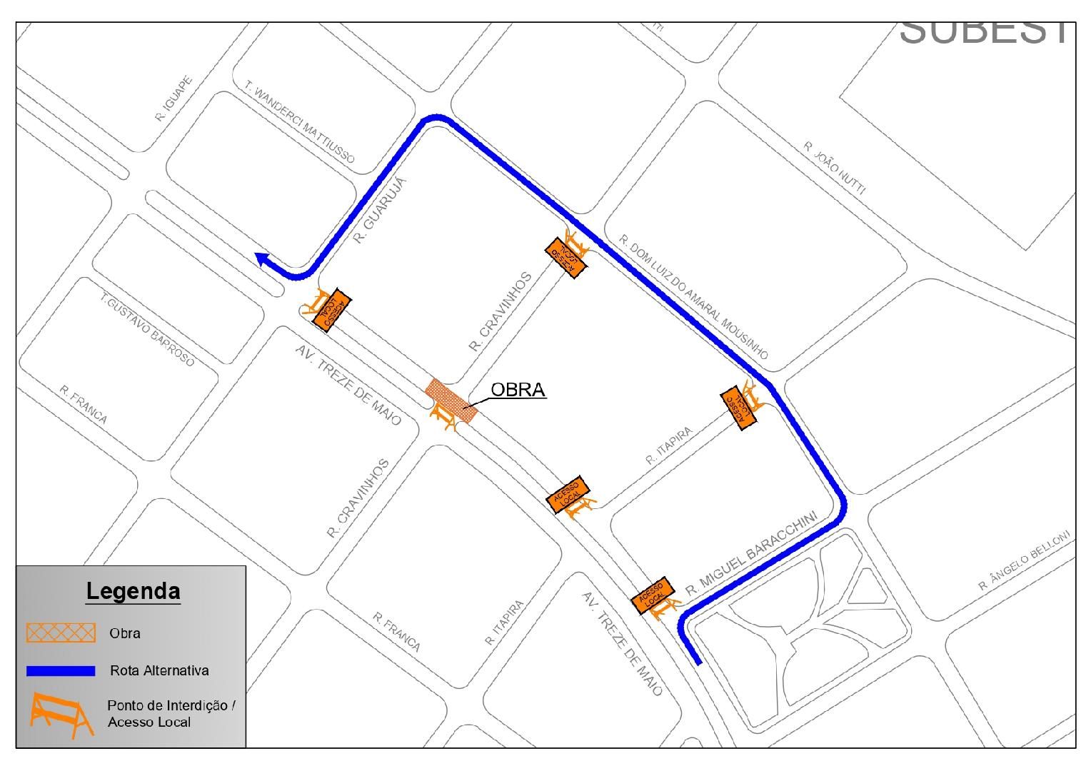 Cruzamento da avenida Treze de Maio com a rua Cravinhos será interditado na segunda-feira