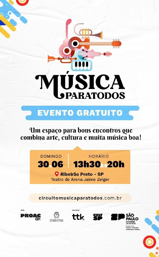 “Música Para Todos” reunirá várias atrações neste domingo, 30, no Teatro de Arena