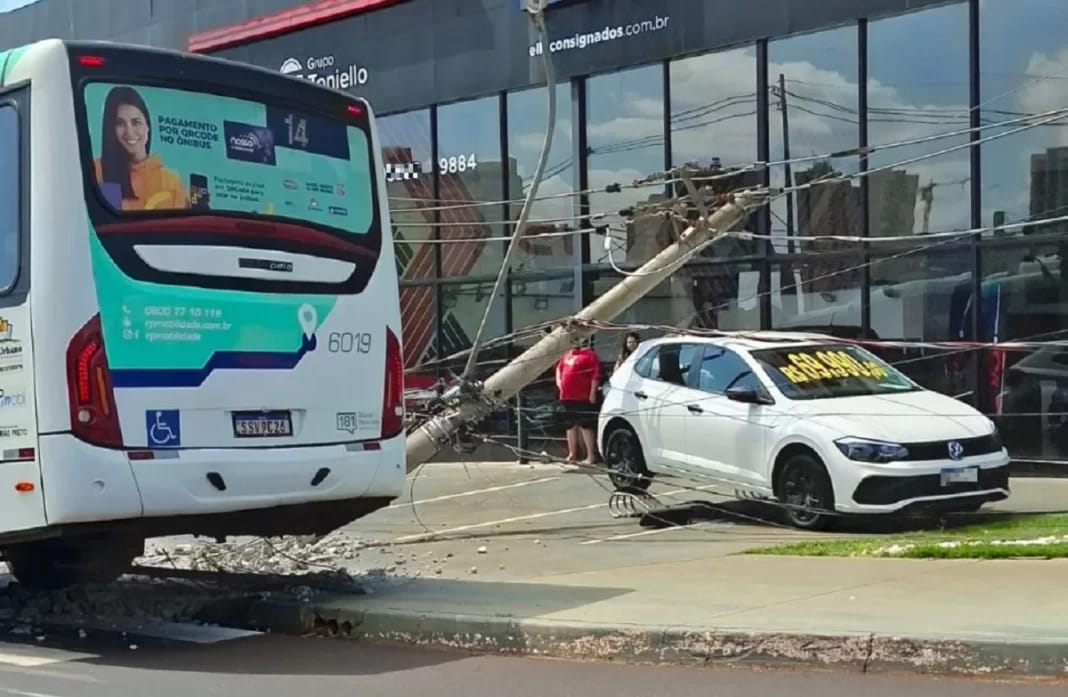 Ônibus da linha 14 derruba poste no Jardim Botânico em Ribeirão Preto; ninguém se feriu