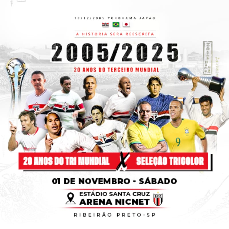 Ribeirão Preto terá partida comemorativa e festa no Hard Rock para celebrar os 20 anos do título mundial do São Paulo