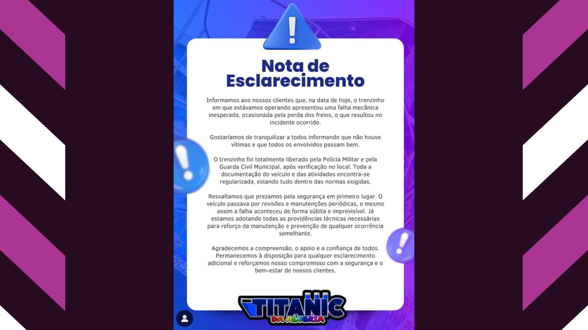 Trenzinho de festa tomba em via de Ribeirão depois de falha nos freios; ninguém se feriu