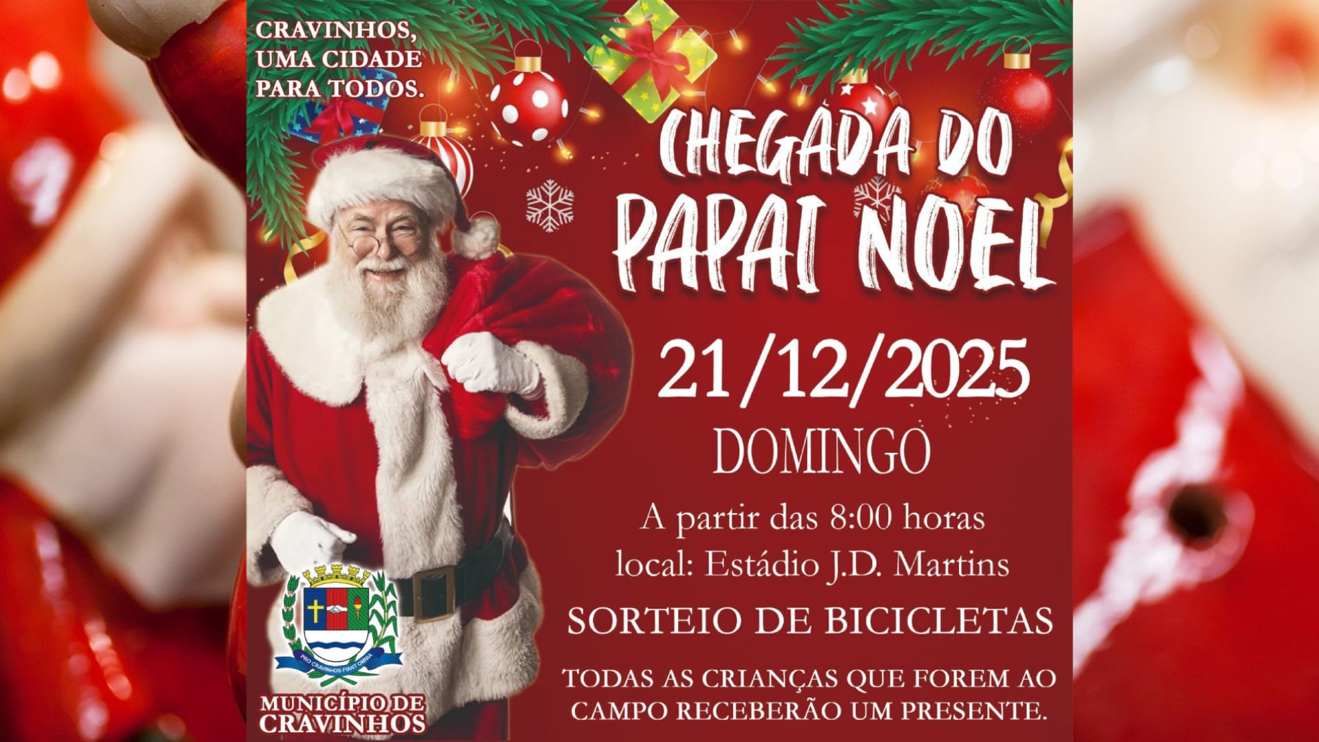 Papai Noel chega a Cravinhos de helicóptero neste domingo com distribuição de brinquedos e sorteio de bicicletas