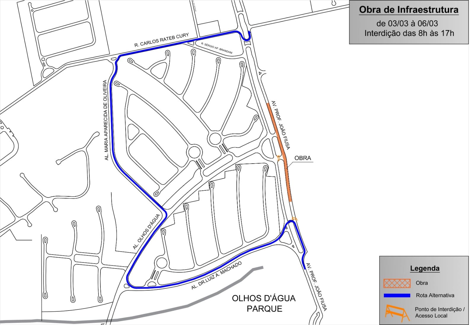 Trecho da João Fiúsa terá interdição parcial por obras entre 3 e 6 de março