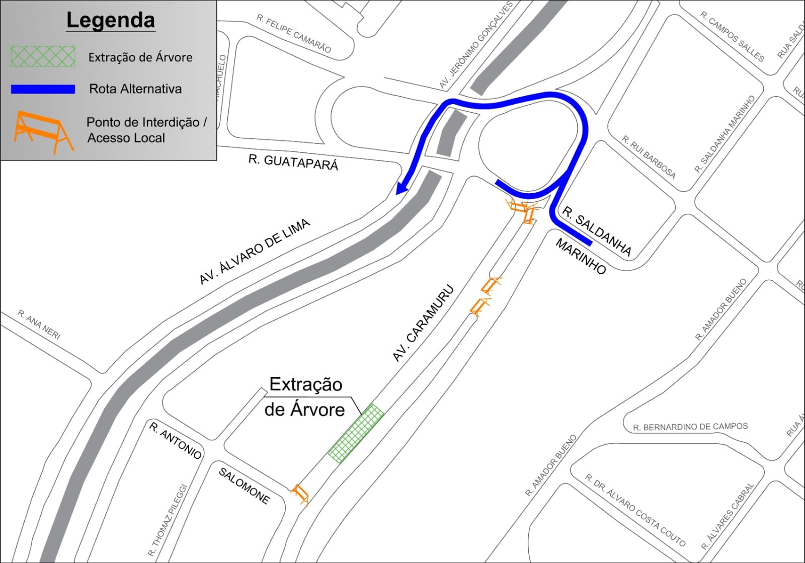 Trecho da Avenida Caramuru será fechado nesta quarta para retirada de árvore