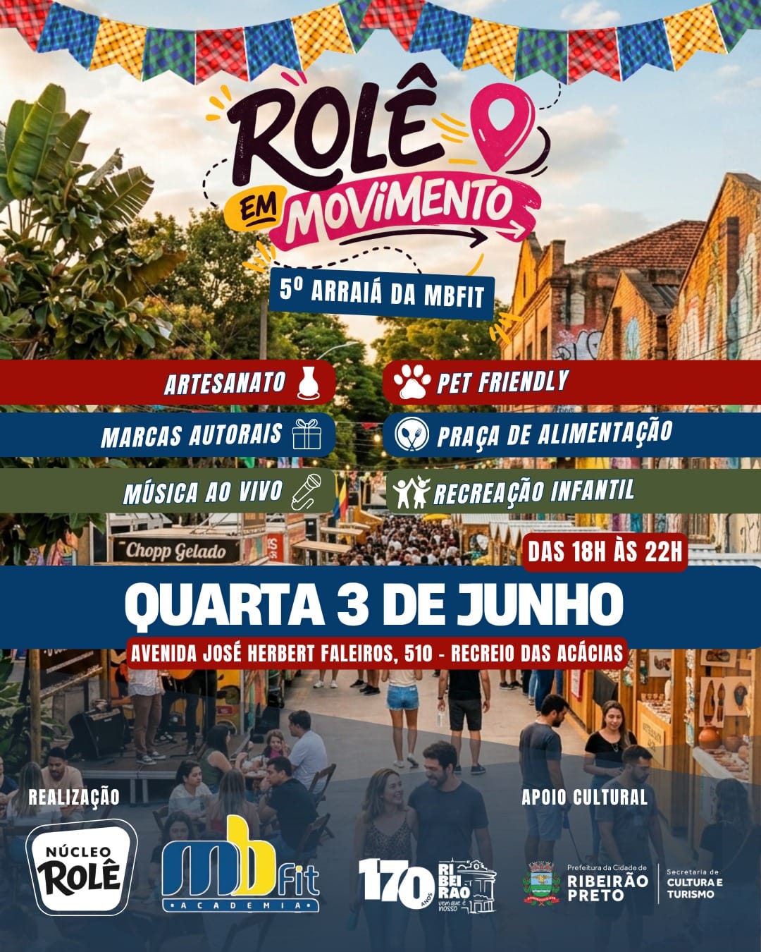 Evento gratuito leva música, gastronomia e feira criativa ao Recreio das Acácias nesta quarta