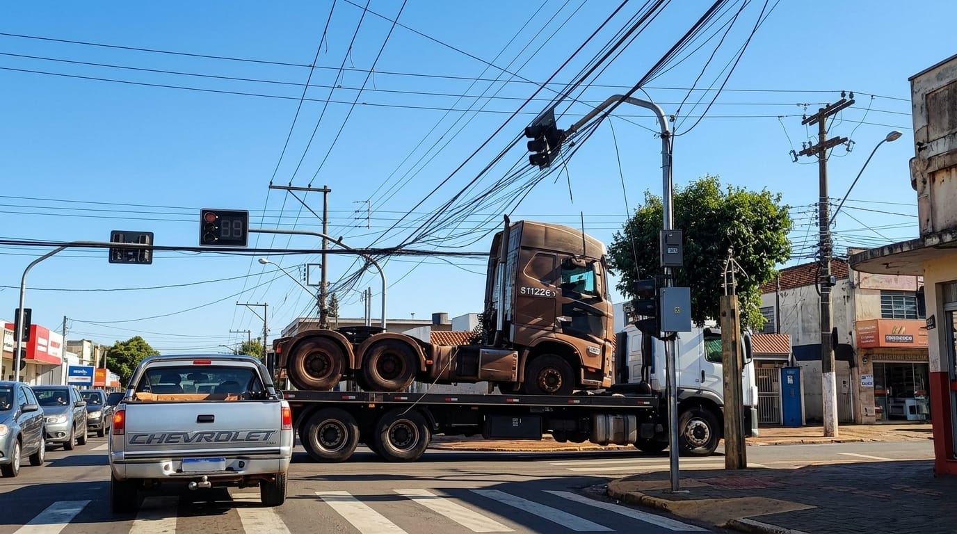 Caminhão derruba fiação e causa queda de serviços no centro de Pitangueiras