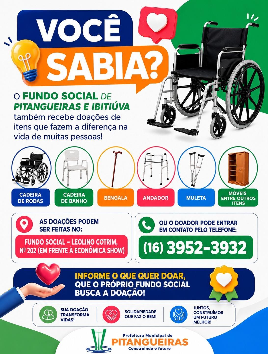 Campanha em Pitangueiras arrecada cadeiras de rodas, móveis e itens de apoio para famílias em vulnerabilidade