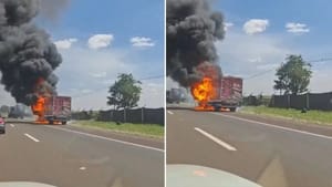 Caminhão pega fogo no acostamento da SP-326 em Guariba; ninguém se feriu