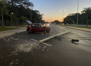 Fiat Uno bate em poste e derruba iluminação na avenida Antônia Mugnato Marincek