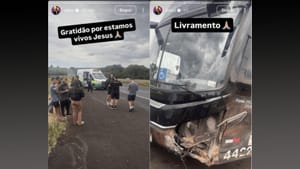 Ônibus de show de Latino se envolve em acidente na Washington Luiz e dois feridos recebem atendimento